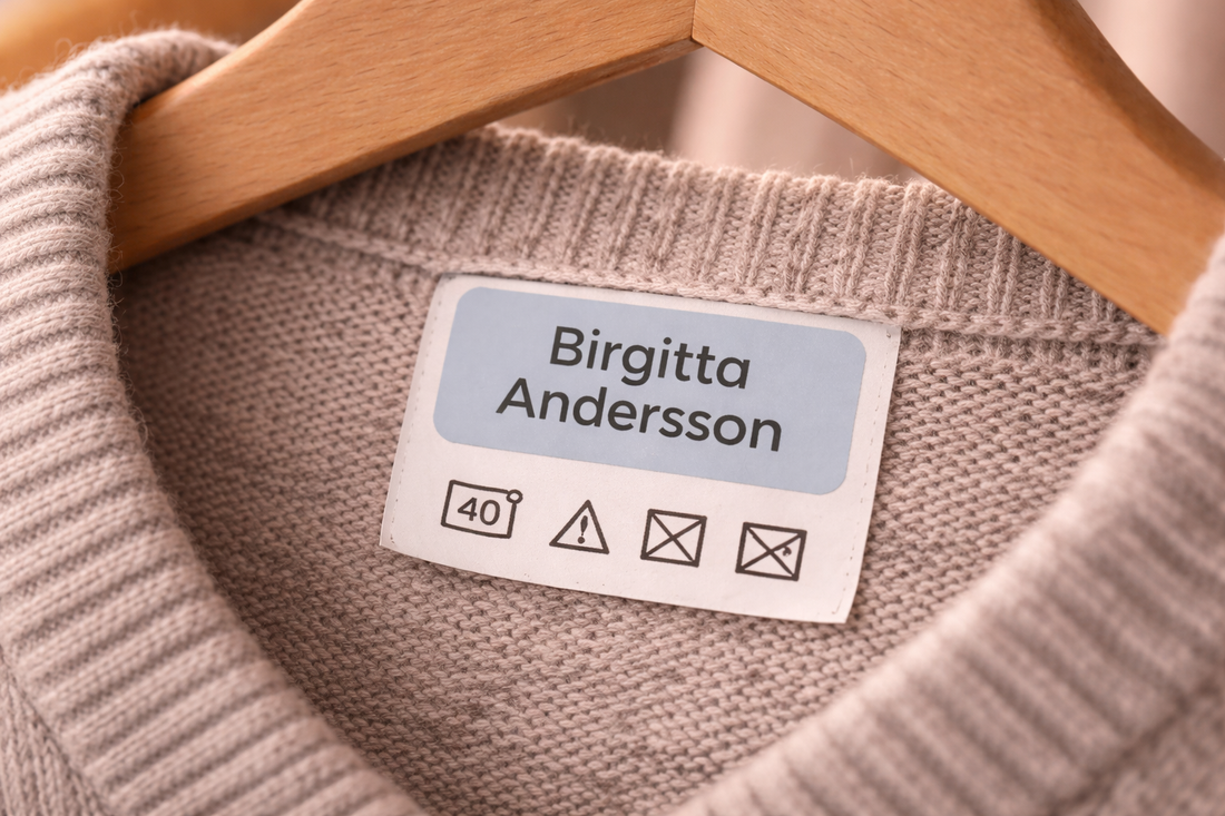 Namnlapp med namnet Birgitta Andersson på tvättrådslappen i en rosa stickad tröja på galge